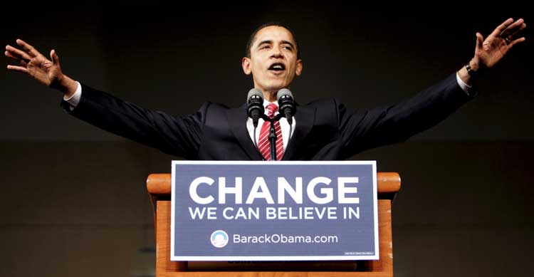 زمانی که باراک اوباما کارزار انتخاباتیش را برای ریاست جمهوری آغاز کرد همانند دونالد ترامپ بر یک شعار تاکید کرد.